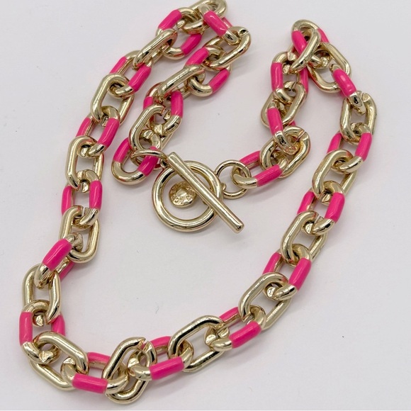 J. Crew Bright Pink and Gold Links Toggle Necklace - Picture 2 of 3